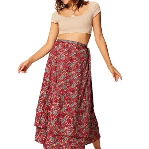 Jupe portefeuille Rouge imprimé printannier- JIP0050B