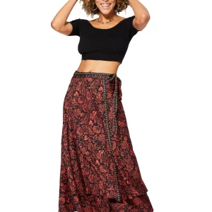 Jupe longue portefeuille Noire floral rouge- JIP0050C