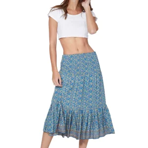 Jupe mi-longue à volant, motif floral bleu clair – MCJU0110A