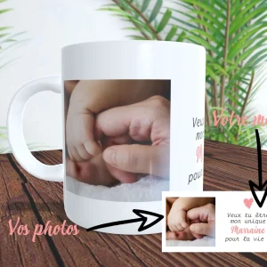 Mug "Demande de Marraine" avec 2 Photos et Message Personnalisé