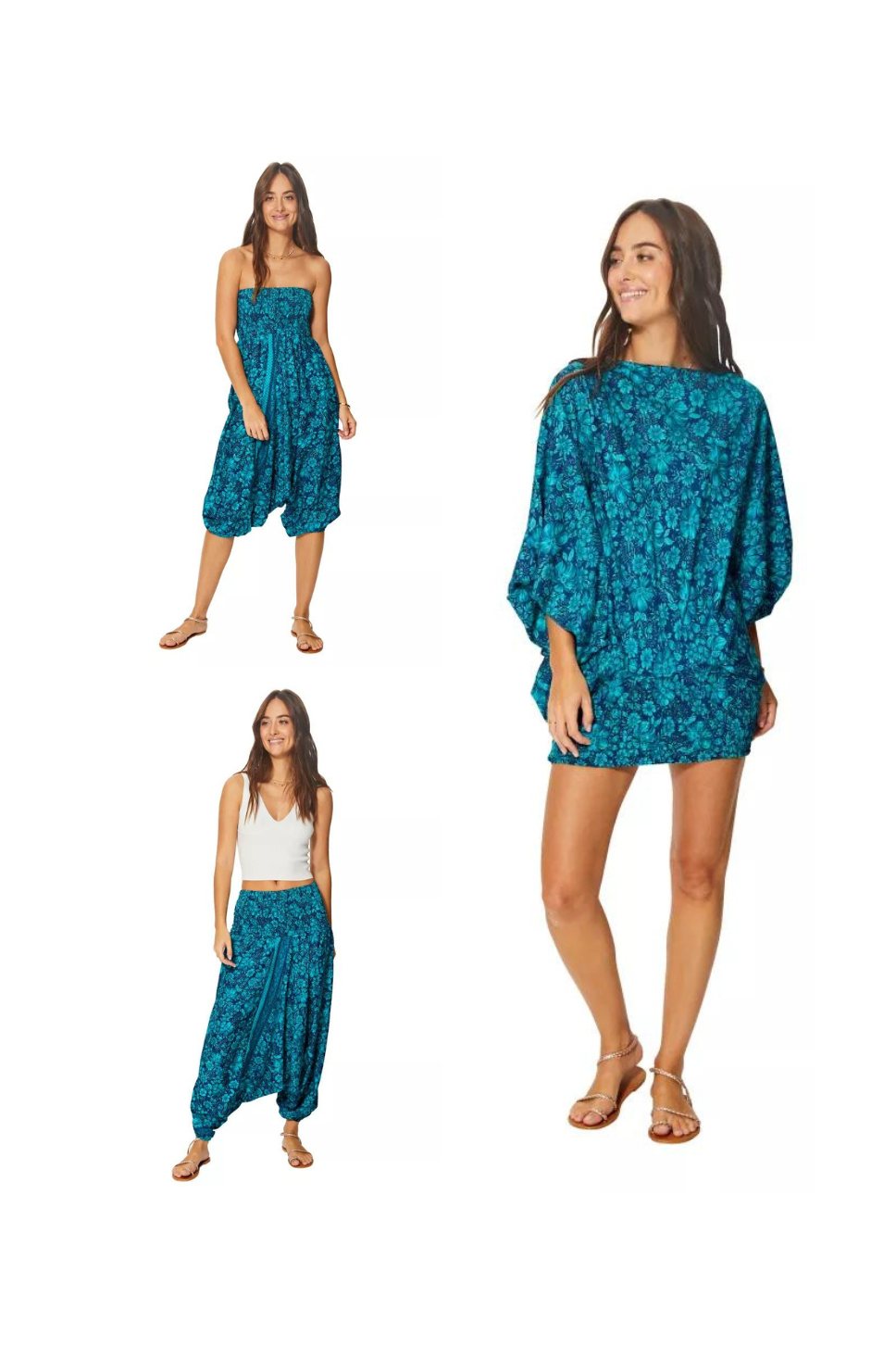 Combinaison adorable 3 en 1 bleue aux fleurs turquoise – PIP0064E