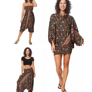 Combinaison fabuleuse 3 en 1 noire aux fleurs turquoise, rouge et orange – PIP0064H