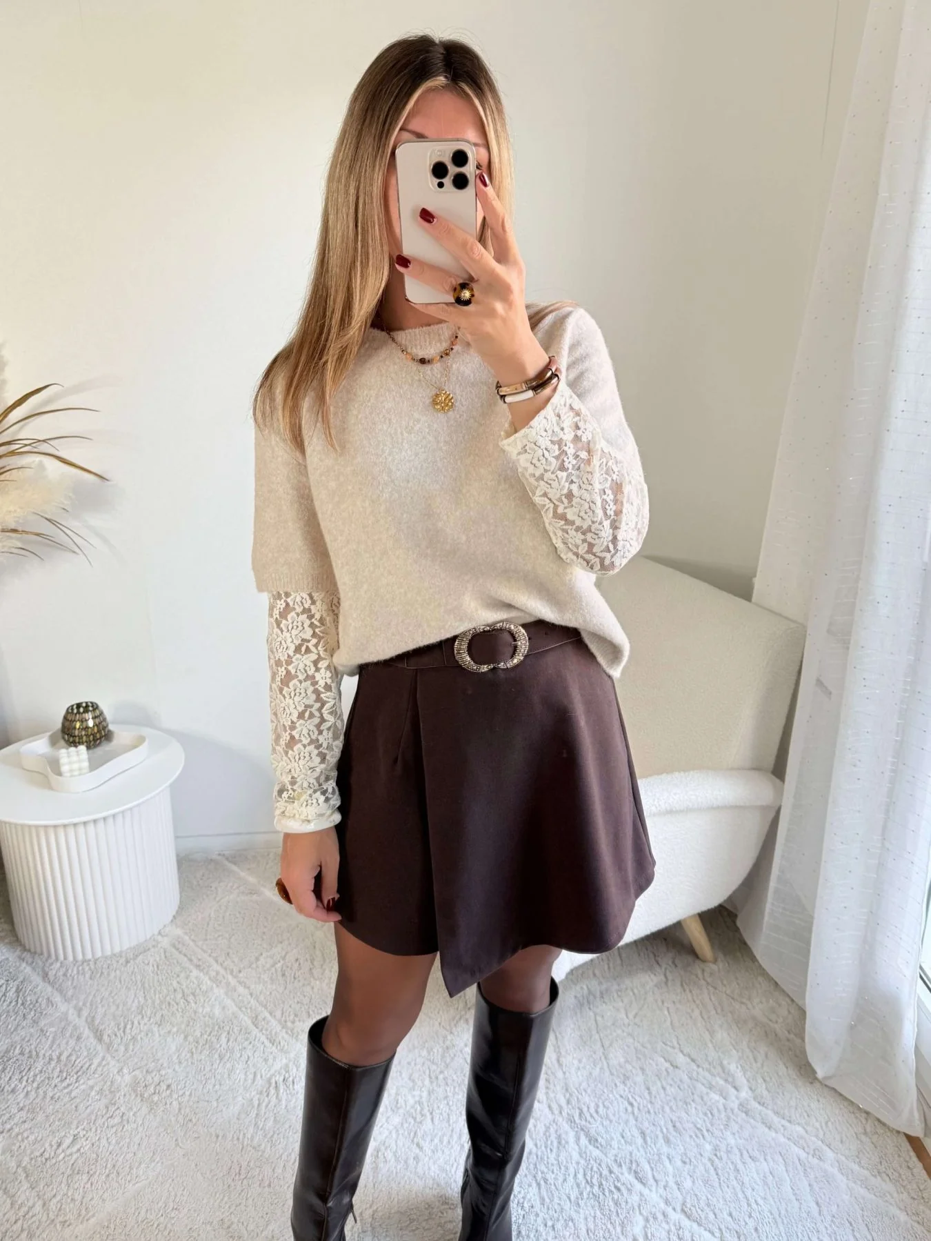 Pull manches dentelle beige – Image 4