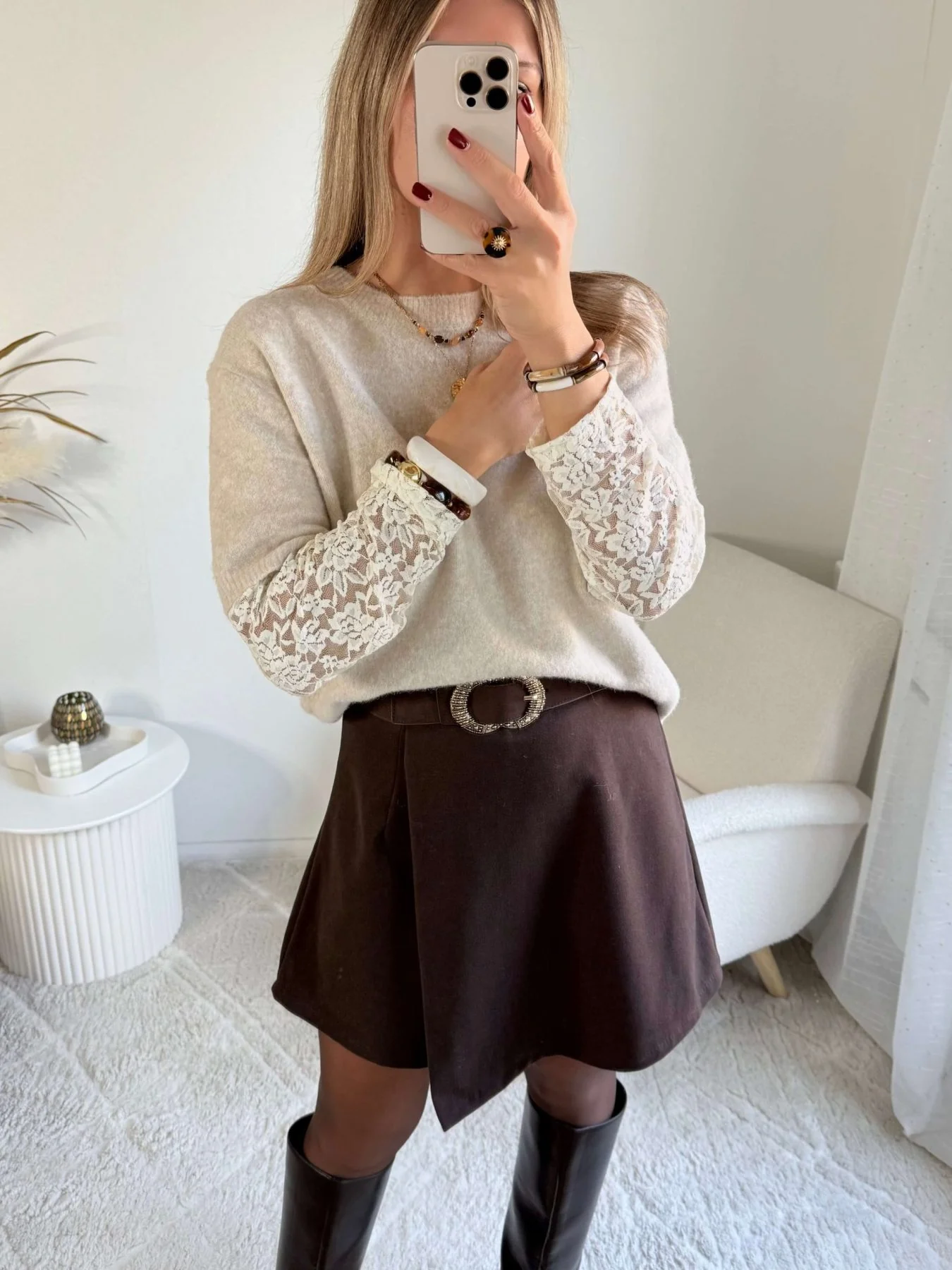 Pull manches dentelle beige – Image 3