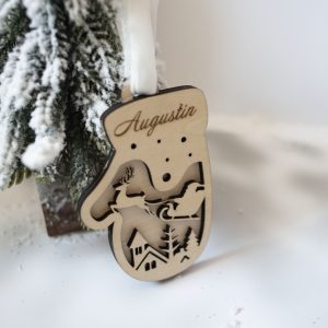 Moufle de Noël en bois personnalisée – Gravure prénom