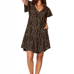 Petite Robe ample noire et or à manches courtes – RLIP2000E