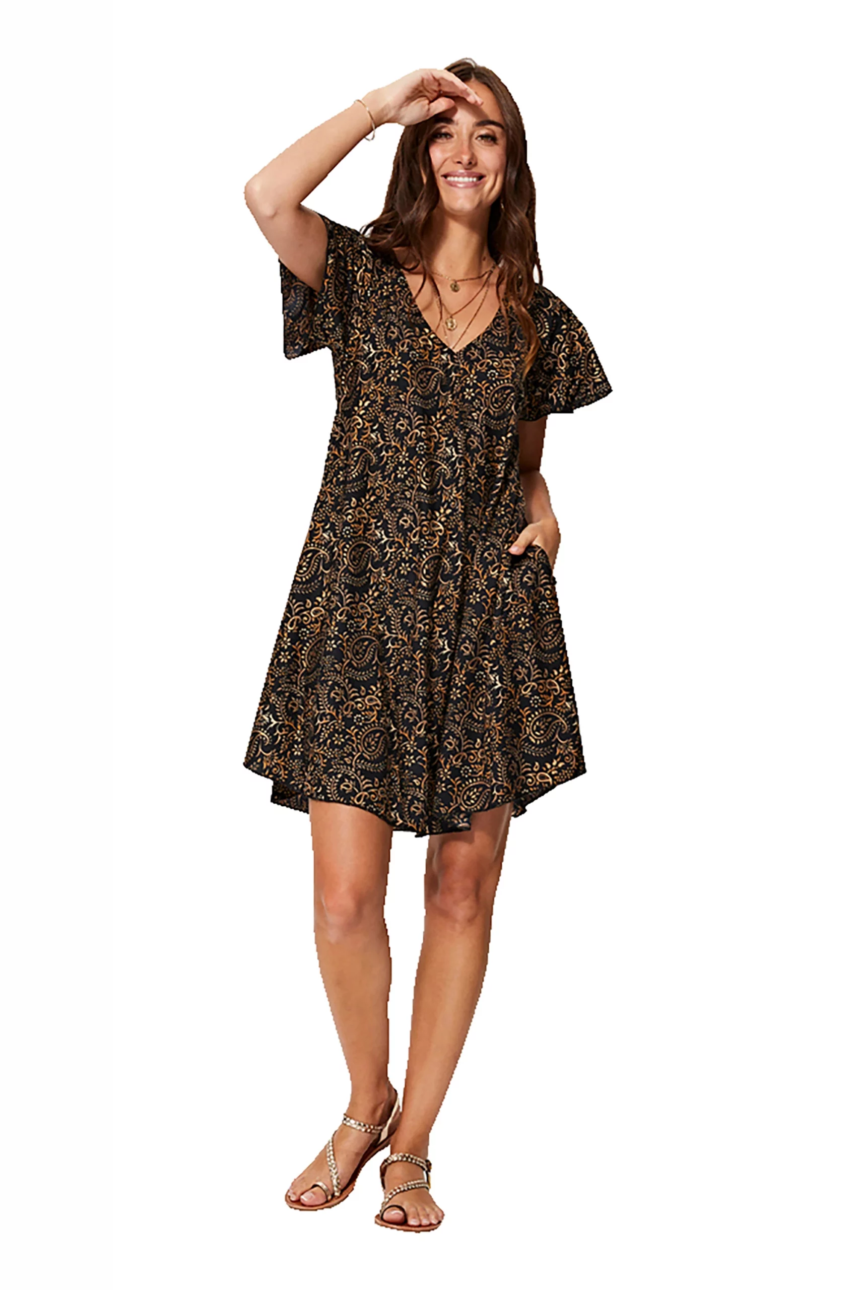 Petite Robe ample noire et or à manches courtes – RLIP2000E