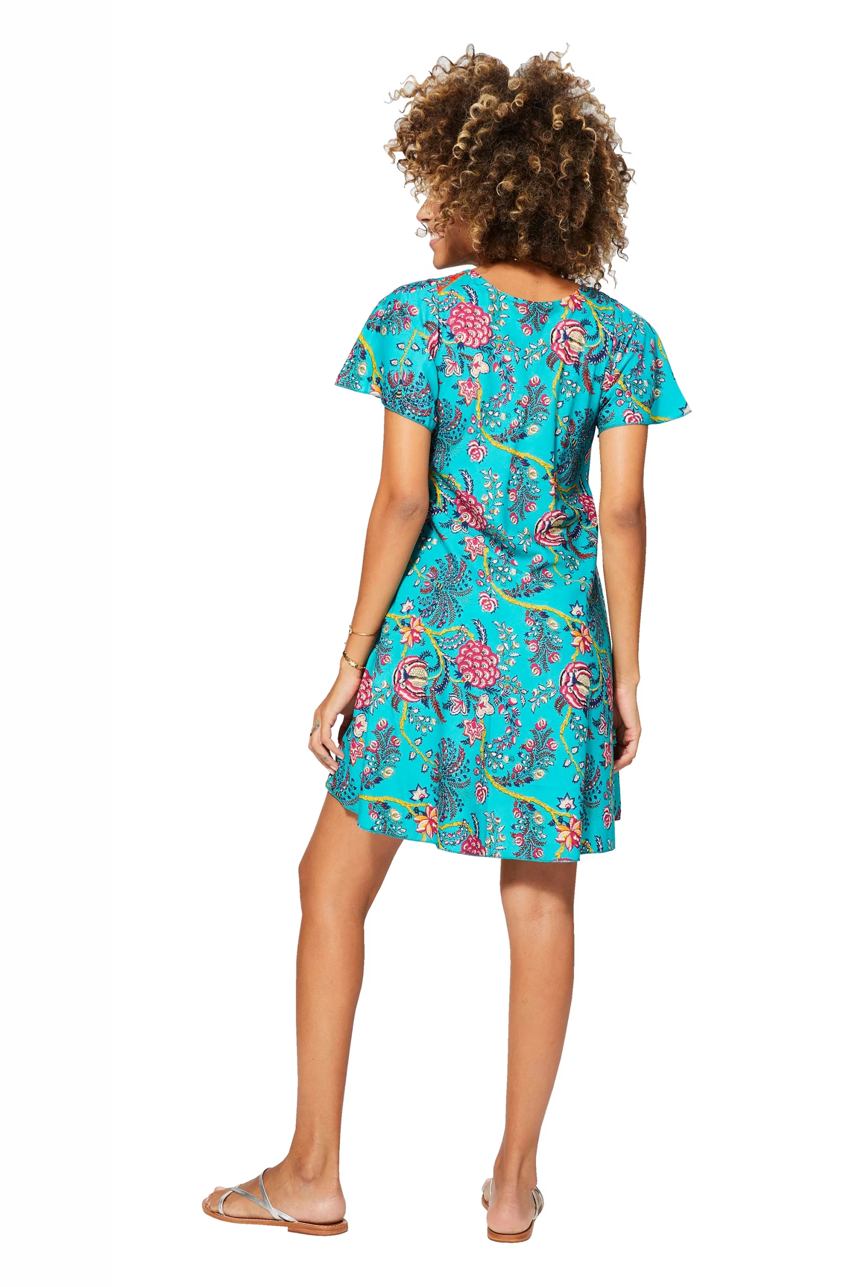 Robe courte ample Turquoise à motifs fleuris – RLIP0288G - Image 3
