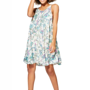 Robe ample courte Blanche fleurie à bretelles à nouer – RLIP0273B