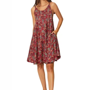 Robe ample courte Rouge fleurie à bretelles à nouer – RLIP0273A