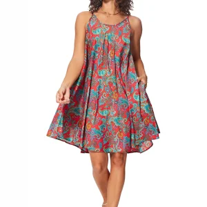 Robe ample courte Rouge et turquoise à bretelles à nouer – RLIP0273D