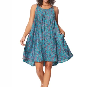 Robe ample courte Turquoise fleurie à bretelles à nouer – RLIP0273C