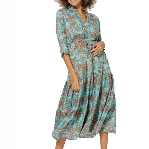 Longue Robe Turquoise évasée à col mao – MAXIPA3084A