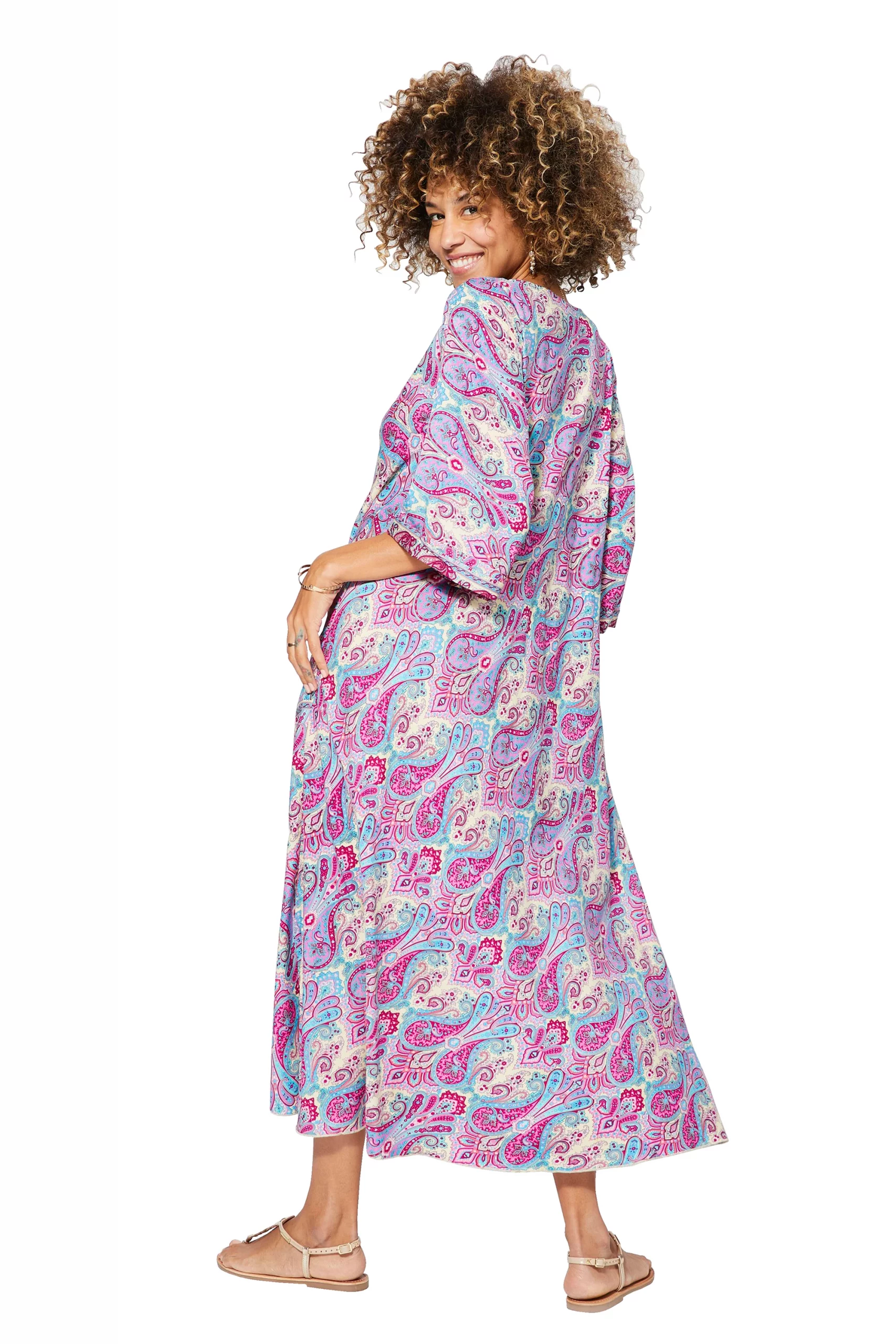 Longue Robe ample Fuchsia et crème – MAXIPA3082A - Image 3