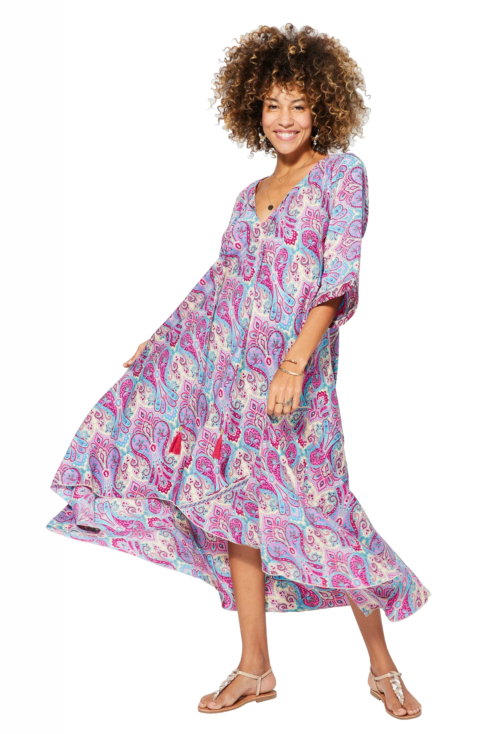 Longue Robe ample Fuchsia et crème – MAXIPA3082A - Image 2