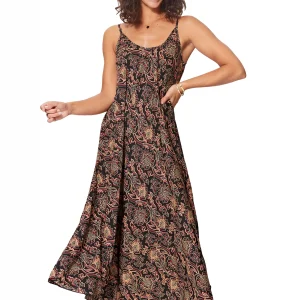 Longue Robe ample Noire à motifs beige et rouge – MAXIPA3057B