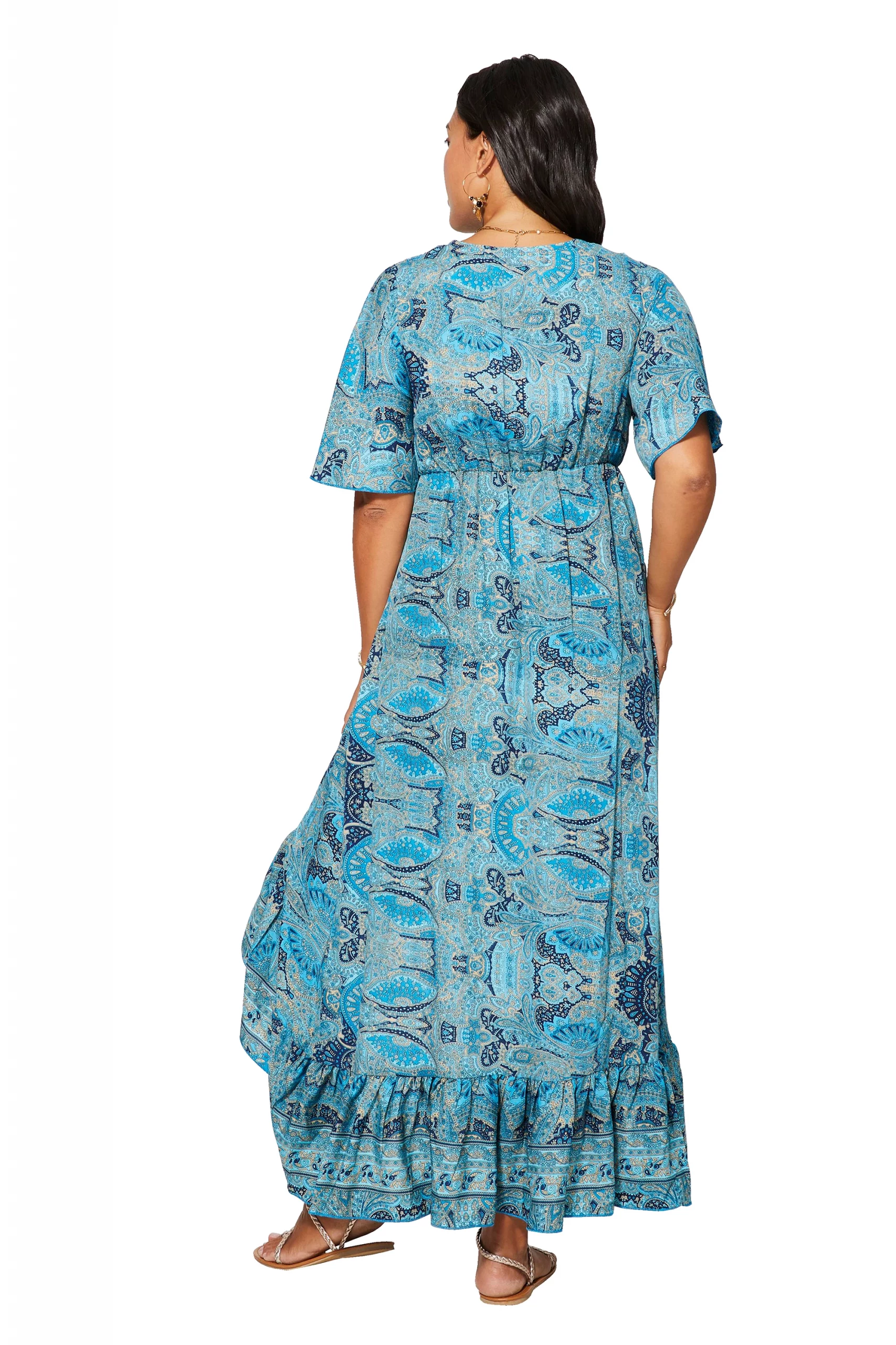 Longue Robe asymétrique Bleue à motifs bohèmes – MAXIPA3079A - Image 3