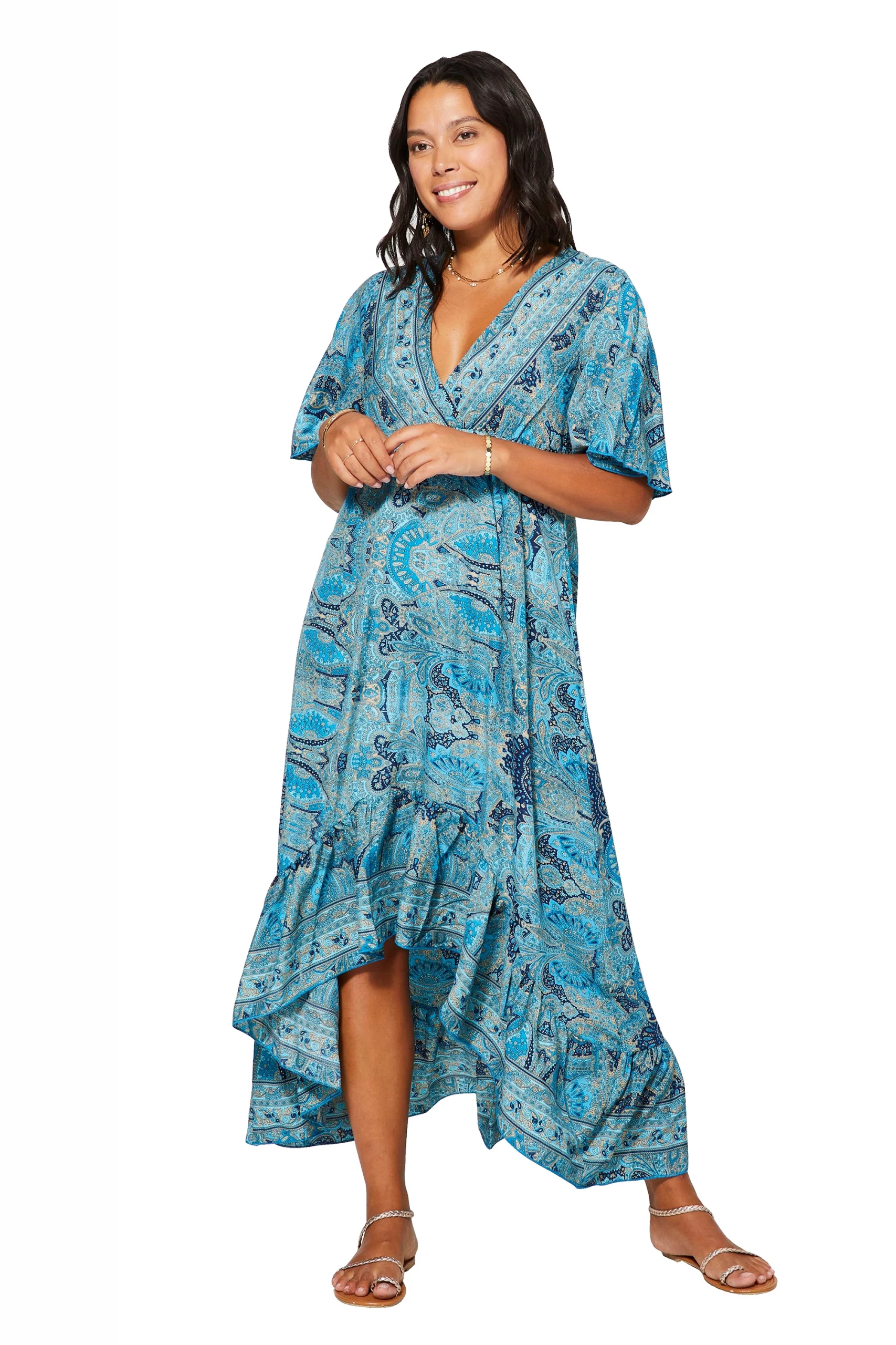 Longue Robe asymétrique Bleue à motifs bohèmes – MAXIPA3079A