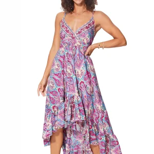 Longue Robe asymétrique Fuschia et bleue – MAXIPA3064A