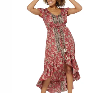 Longue Robe asymétrique Rouge à motifs bohèmes – MAXIPA3078B