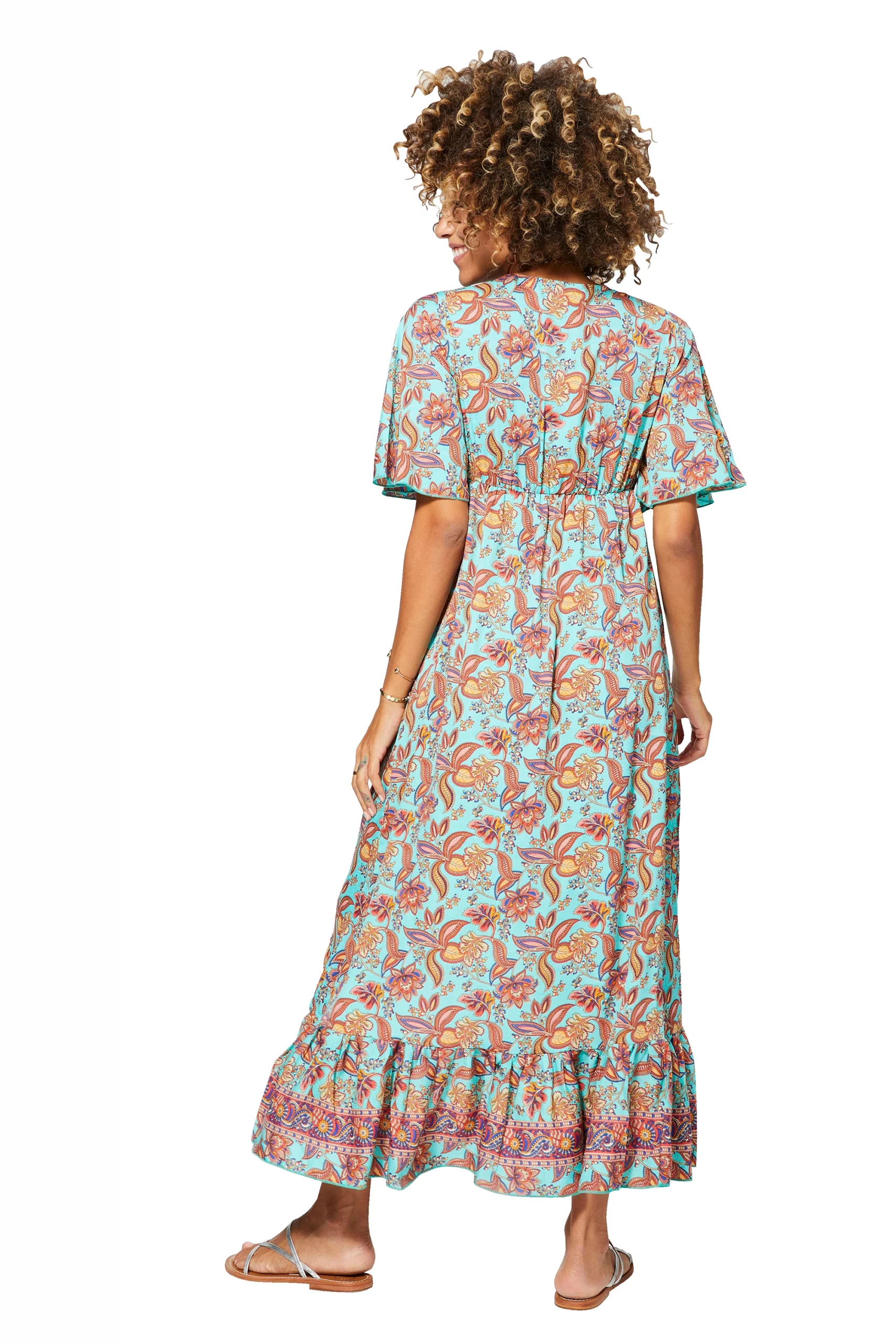 Longue Robe asymétrique Turquoise à motifs bohèmes – MAXIPA3079B - Image 3