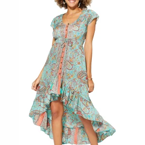 Longue Robe asymétrique Turquoise à motifs oranges – MAXIPA3078A