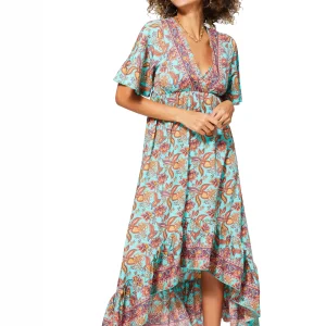 Longue Robe asymétrique Turquoise à motifs bohèmes – MAXIPA3079B