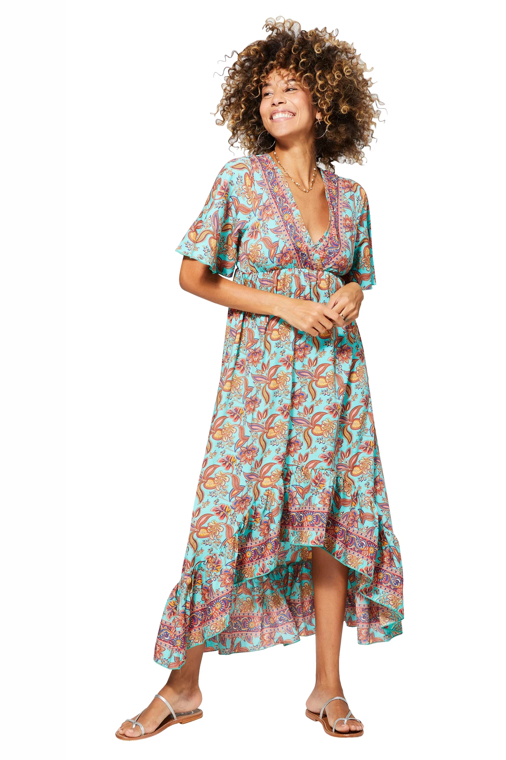 Longue Robe asymétrique Turquoise à motifs bohèmes – MAXIPA3079B - Image 2