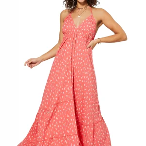 Robe longue dos nu Corail à fleurs blanches – MAXIPAV0006A