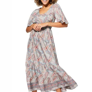 Longue Robe évasée Beige à motifs bohèmes – MAXIPA3080B