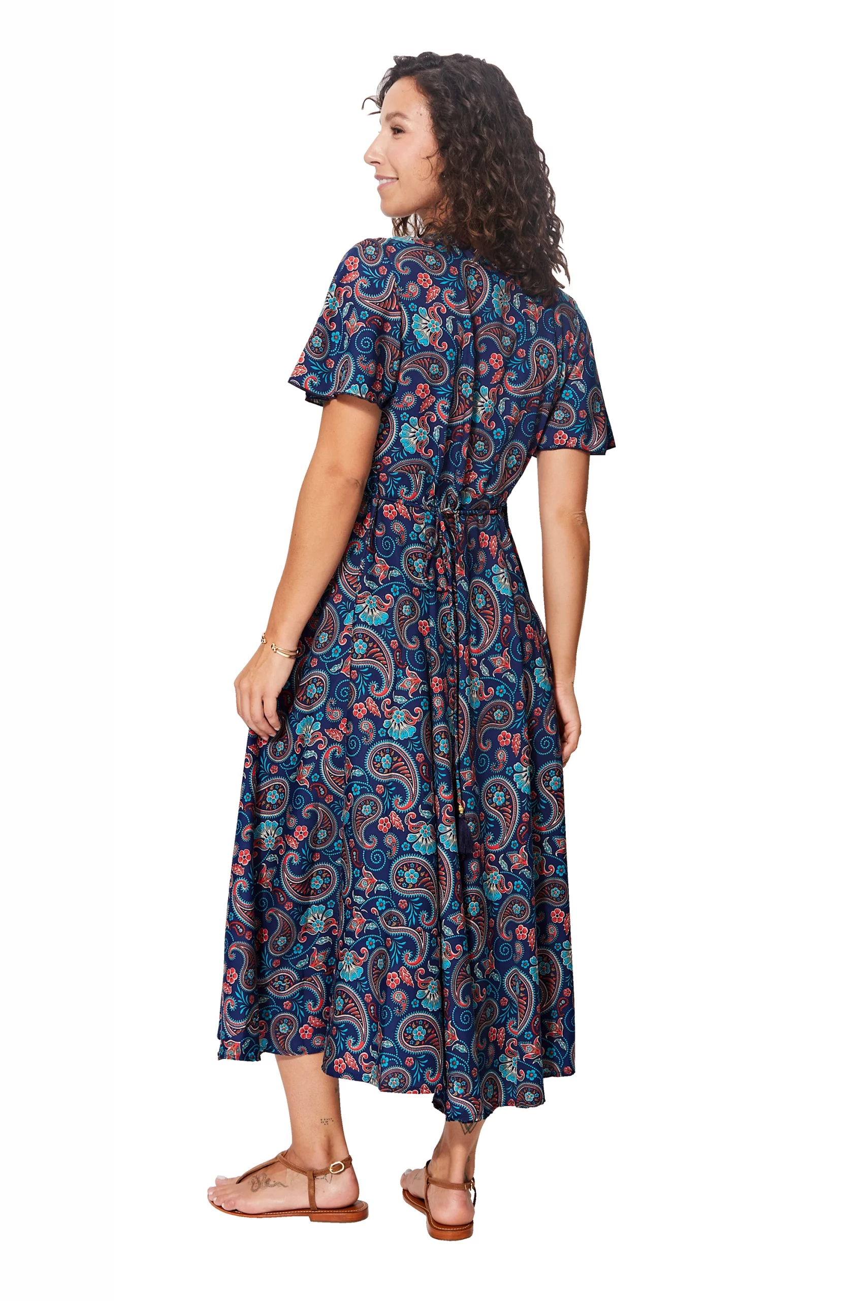 Longue Robe à nouer Bleu nuit à motifs rouges – MAXIPA3075E - Image 3