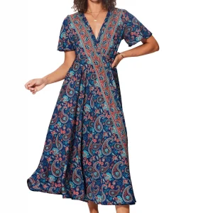 Longue Robe à nouer Bleu nuit à motifs rouges – MAXIPA3075E