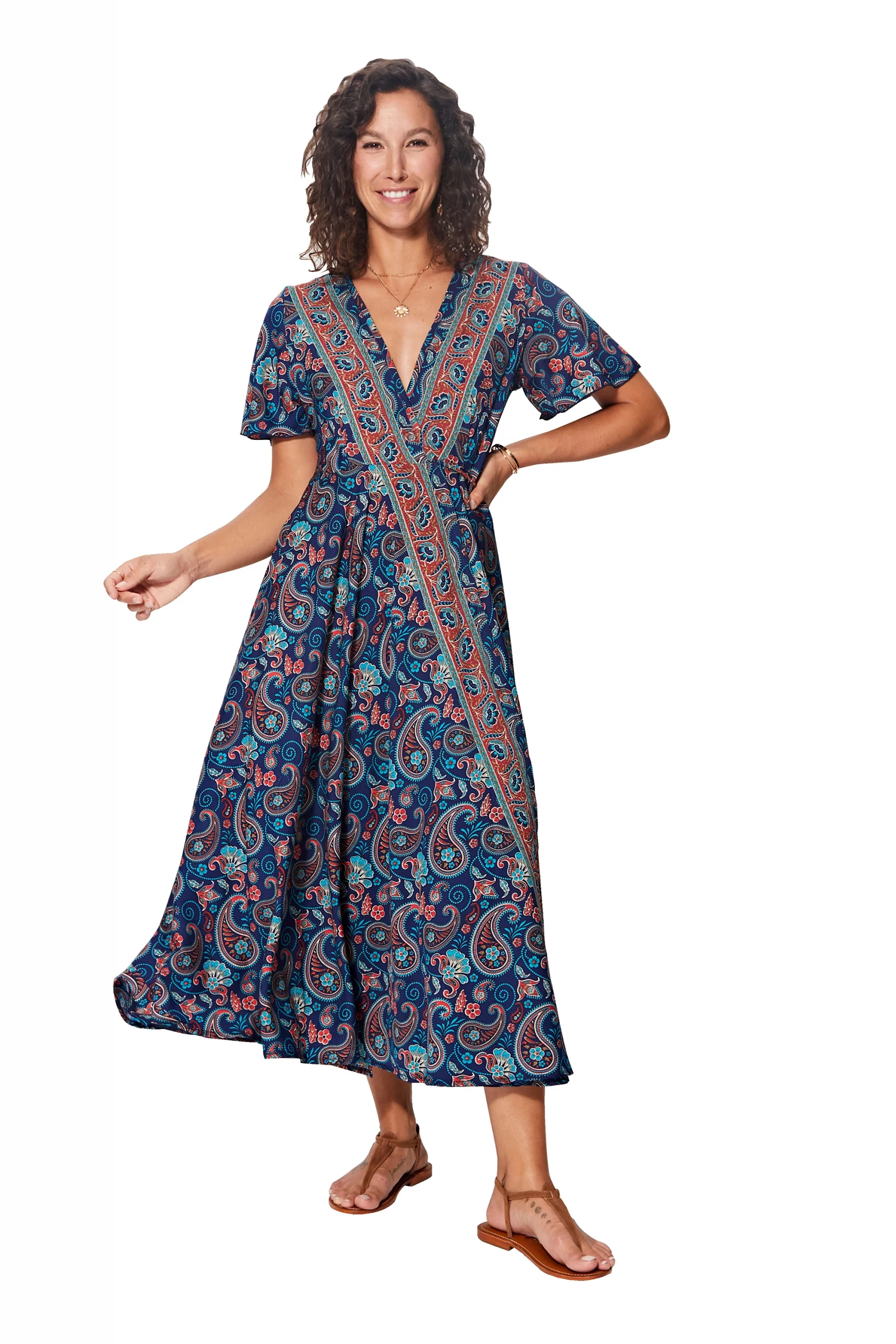 Longue Robe à nouer Bleu nuit à motifs rouges – MAXIPA3075E