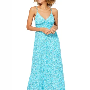 Robe longue évasée Bleue à fleurs blanches – MAXIPAV0009B