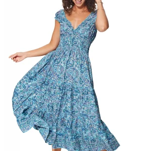 Longue Robe à col en V Bleue à motifs bohèmes – MAXIPA3068A