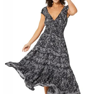 Longue Robe à col en V Noire à fleurs blanches – MAXIPA3068B