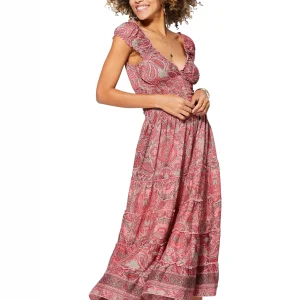 Longue Robe à col en V Rose à motifs bohèmes – MAXIPA3068C