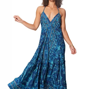 Longue Robe dos nu Bleue à motifs – MAXIPA3055B