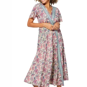 Longue Robe à nouer Crème à fleurs roses – MAXIPA3075C