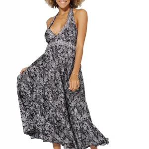 Longue Robe décolletée dos nu Noire à fleurs blanches – MAXIPA3053A