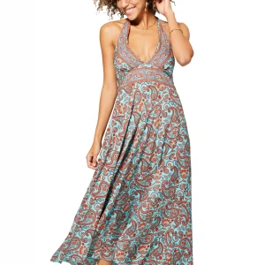 Longue Robe décolletée dos nu Turquoise et rouge – MAXIPA3053D