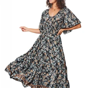Longue Robe évasée Noire à fleurs – MAXIPA3081B