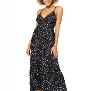 Robe longue évasée Noire à fleurs blanches – MAXIPAV0009A