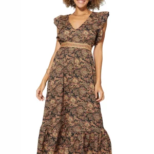 Longue Robe évasée Noire à motifs beige et rouge – MAXIPA3072B