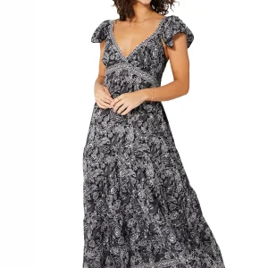 Longue Robe évasée Noire à motifs à fleurs blanches – MAXIPA3071B