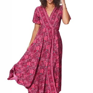 Longue Robe à nouer Rose à motifs bohèmes – MAXIPA3075B