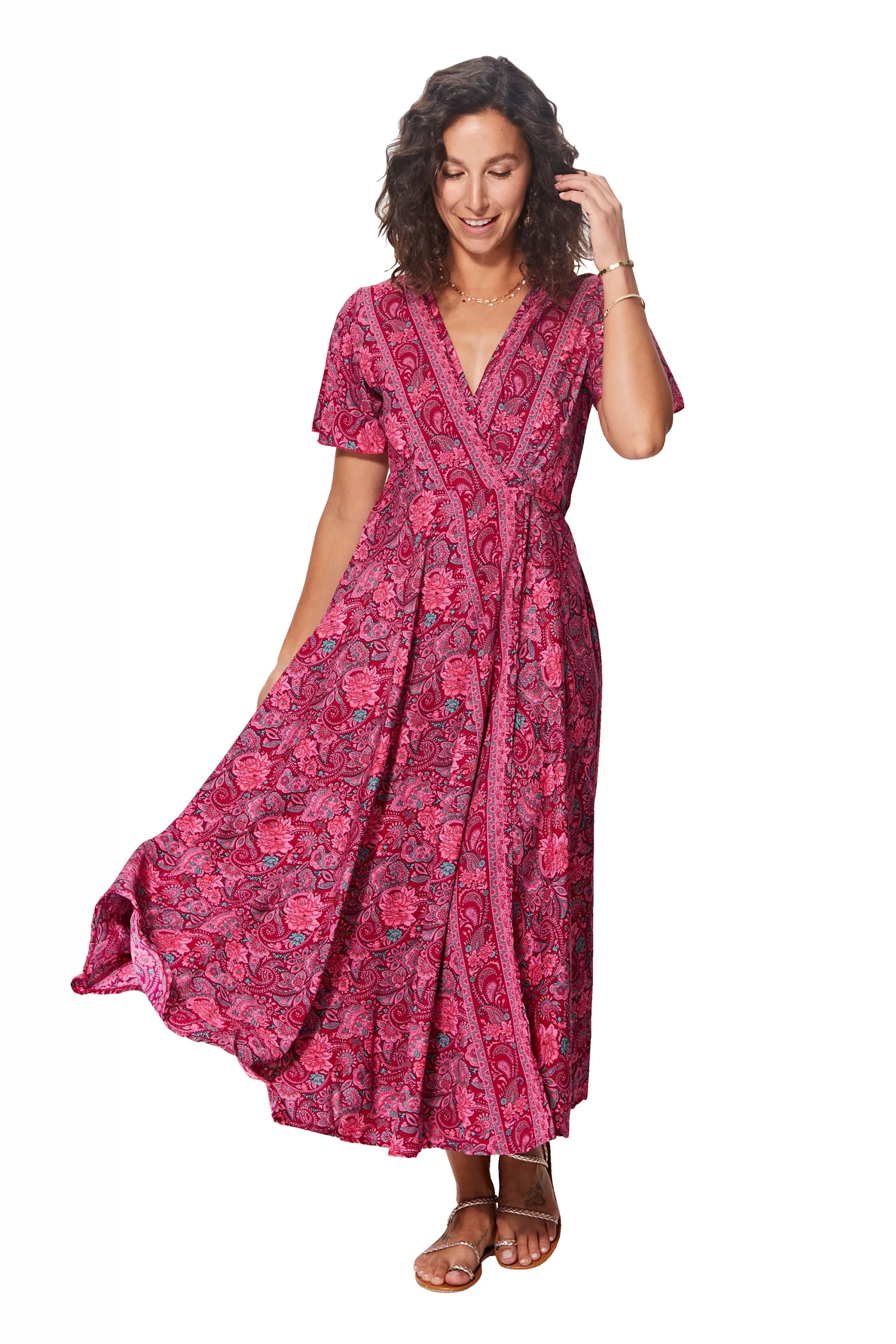 Longue Robe à nouer Rose à motifs bohèmes – MAXIPA3075B