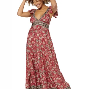 Longue Robe évasée Rouge à motifs fleuris bohèmes – MAXIPA3071A