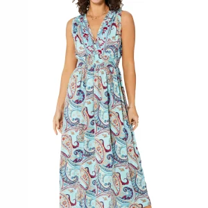 Longue Robe sans manches Bleue à motifs rouges – MAXIPA3073B