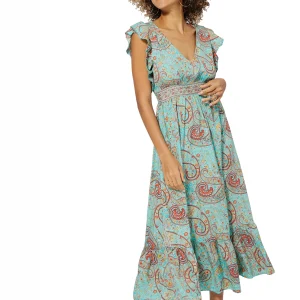 Longue Robe évasée Turquoise à motifs orange rouge – MAXIPA3072A